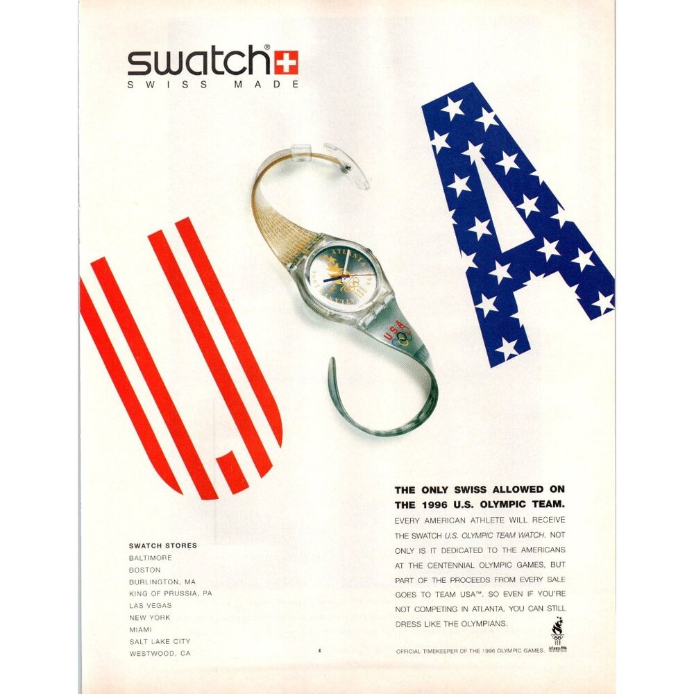 1996 Swatch Watches Atlanta Olympics Watch Vintage Print Ad USA Team Wall Art